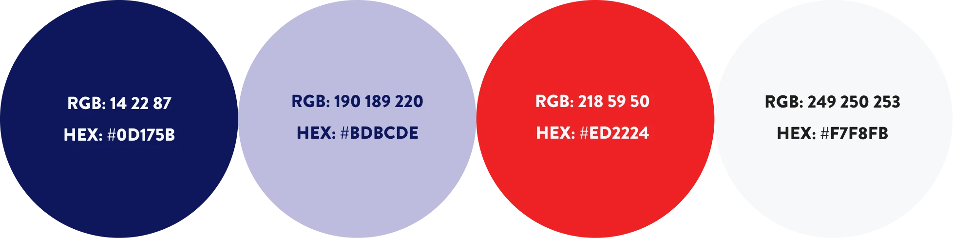 A listing of brand colors for web applications: RGB: 14 22 87 HEX: #0D1758;RGB: 190 189 220 HEX: #BDBCDE;RGB: 218 59 50 HEX:#ED2224;RGB: 249 250 253 HEX:#F7F8FB.