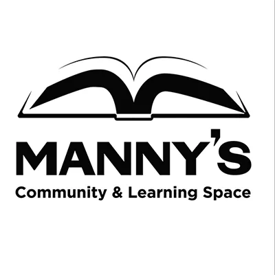 An open book laying flat with MANNYS Community and learning space below.