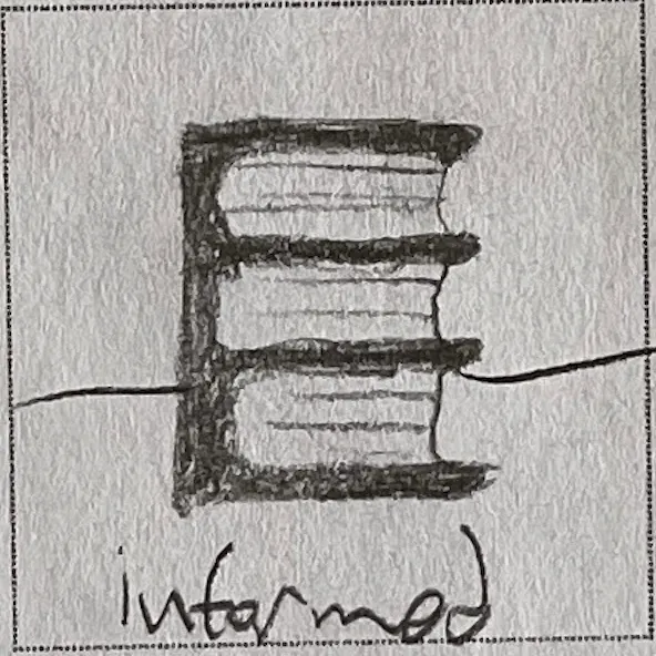 a stack of books roughly spelling an 'm' glyph. Represents being informed.