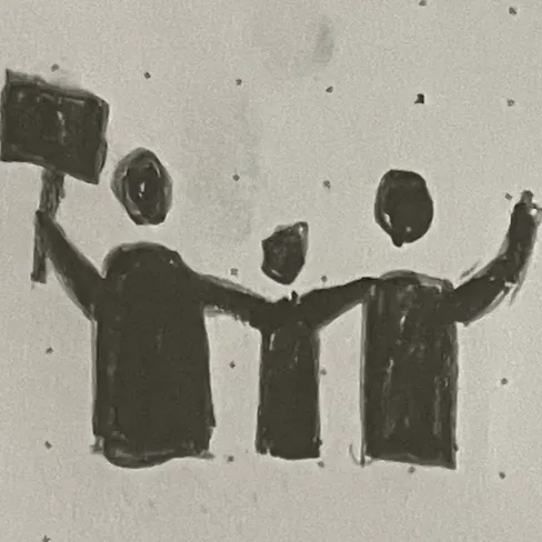 three figures joined up and holding signs to mimic an m.